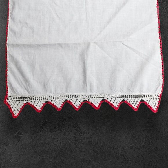 Vintage Hand Embroidered & Crochet Linen Runners Pair Floral & Red Trim 24" - Picture 8 of 12